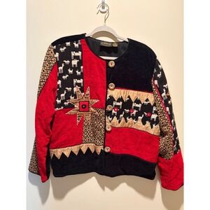 Allure Vintage Patchwork Llama Jacket Red Black XL Shoulder Pads Art to Wear